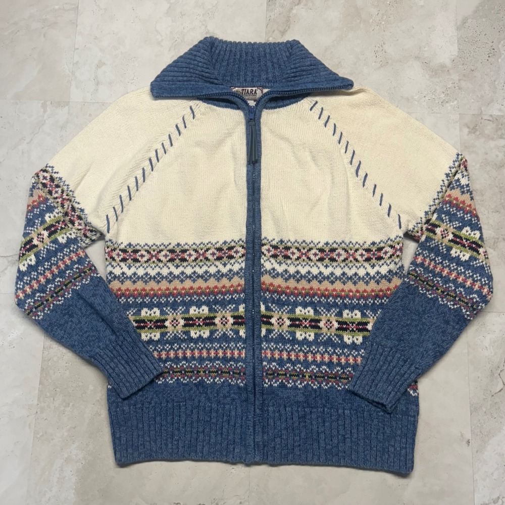 Tiara International Fair Isle Full Zip Sweater Blue Cream Women Medium Vintage